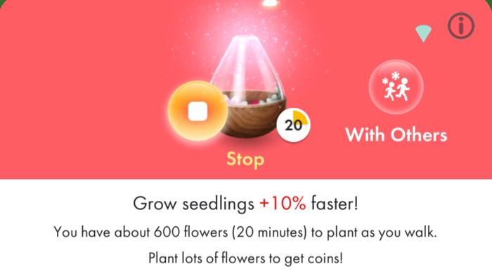 Screenshot of the planting menu in Pikmin Bloom, showing various petal options and a one-hour timer