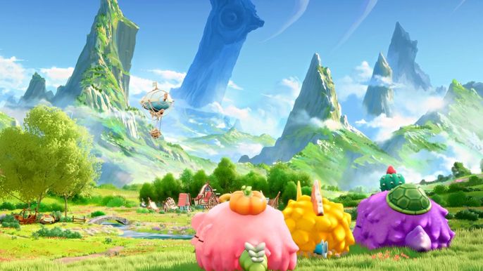 Axie Infinity NFT characters on a grassy terrain looking at a blue sky.