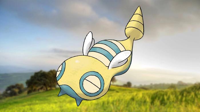 The Pokemon Dunsparce floating against a grassy background