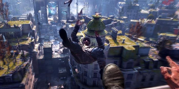 An enemy is kicked from a tall building. He is suspended mid air looking at the camera, arms outstretched.