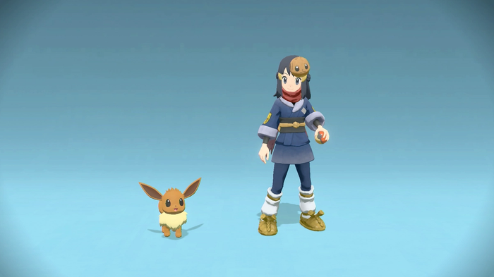 A player standing by Eevee wearing the Eevee mask in Pokémon Legends: Arceus.