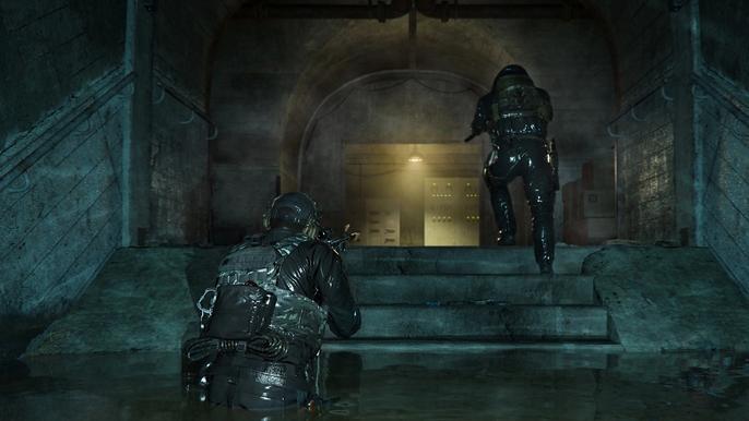 Modern Warfare 2 players climing dark staircase