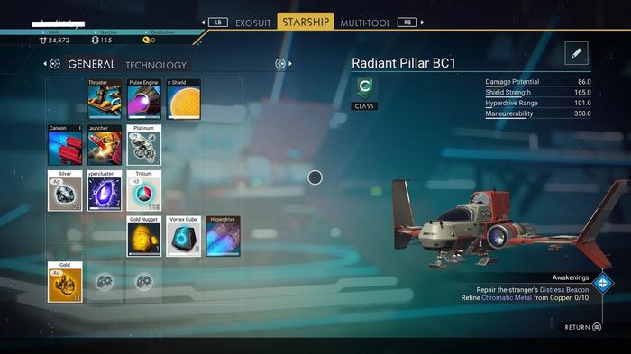 The first Starship in No Man's Sky, Radiant Pillar BC1, has 15 storage slots.