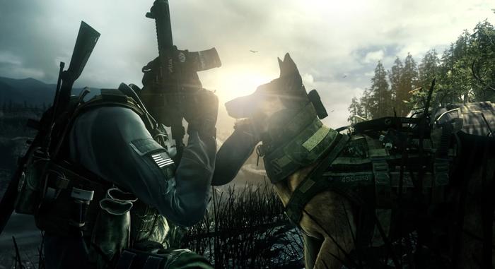 A soldier petting a dog in the Call of Duty: Ghosts campaign