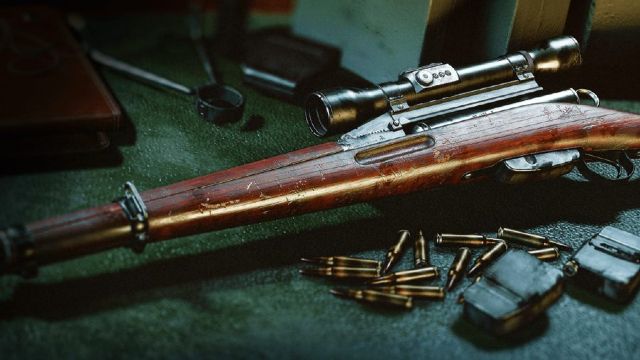 Kar98K sniper rifle laid on table with bullets underneath