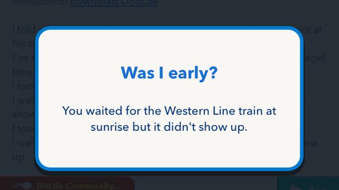 Screenshot from BitLife, showing the screen when a train robbery is unsuccessful