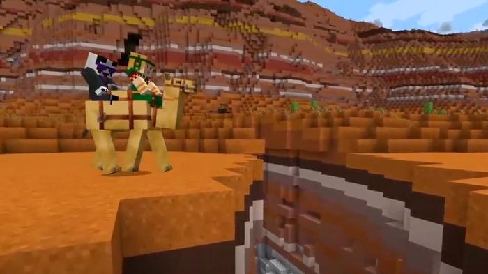 Two players riding a Minecraft camel in badlands biome