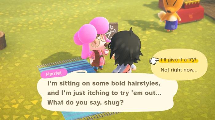 A player trying out a new hairstyle from Harriet on Harv's Island in Animal Crossing: New Horizons.