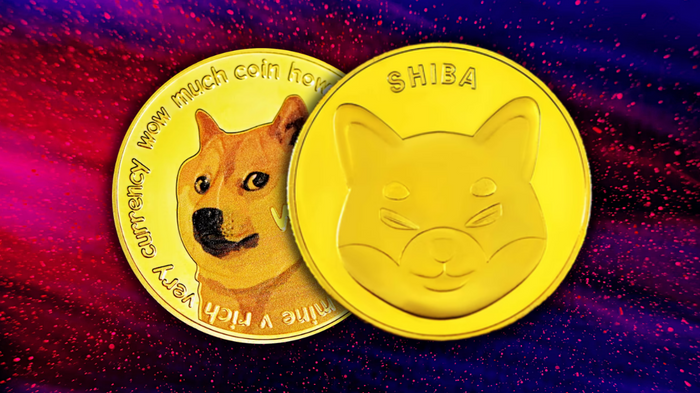 A gold coin with the Shiba Inu logo, placed slightly on top of a gold coin with the Dogecoin meme, over a red and purple background