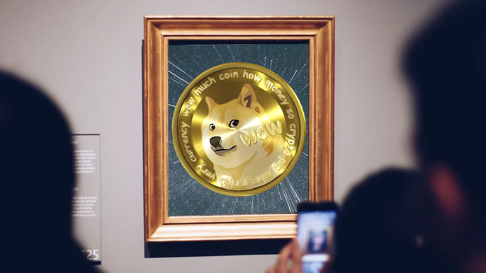 Dogecoin artwork in a frame at a gallery, representing the creation of a DOGE NFT.