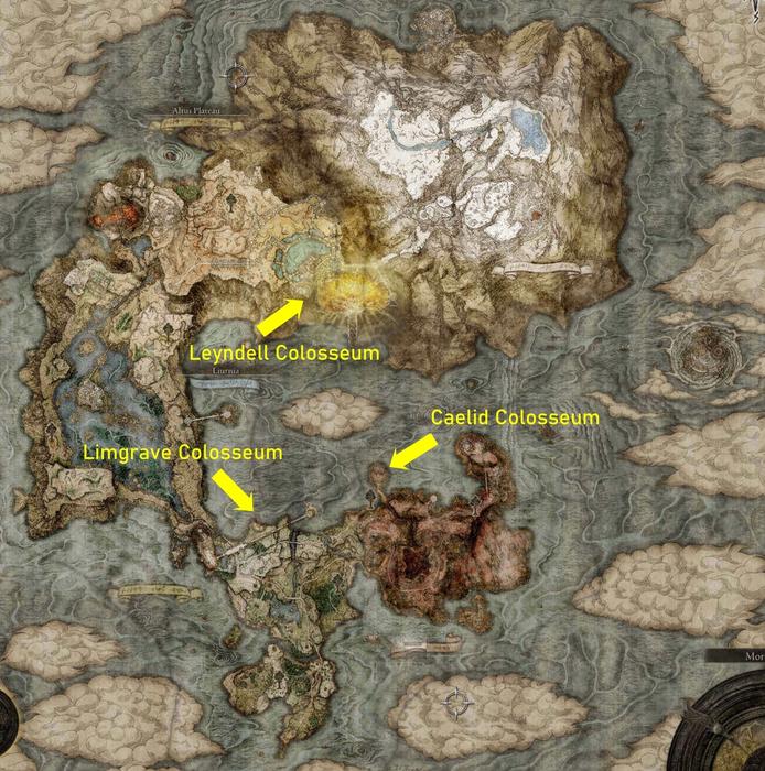 A map detailing where the different Colosseums are in Elden Ring.