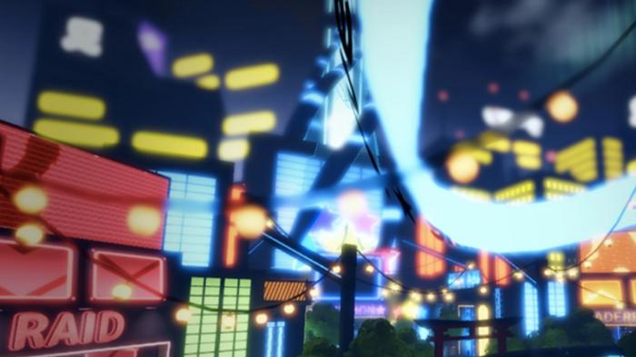Image of a neon-tinted hub world in Anime Adventures.