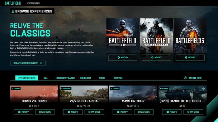 A screenshot of the Battlefield Portal homepage, showing various potential custom-made experiences.
