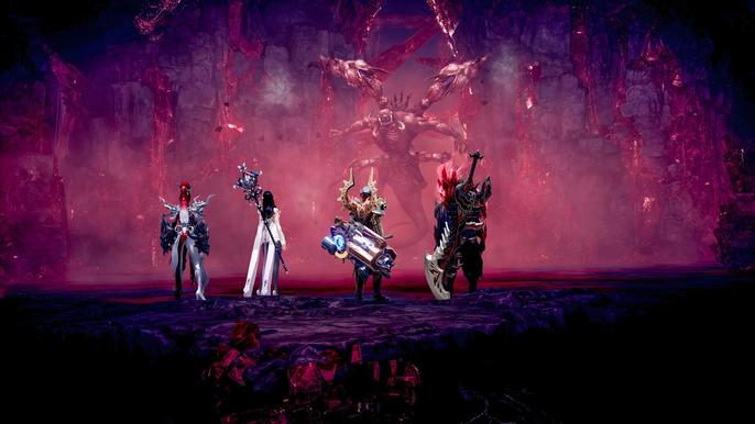 Four players facing a multi-armed boss in Lost Ark.