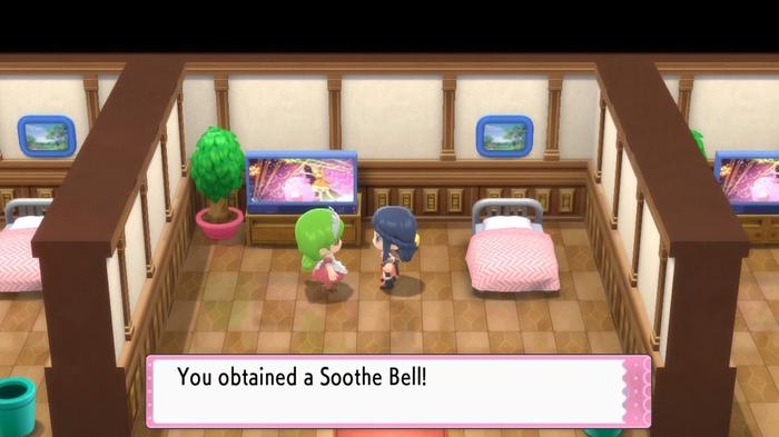 A Pokémon Trainer obtains the Soothe Bell item from a green-haired nurse in the Pokémon Mansion on Route 212 in Pokémon Brilliant Diamond and Shining Pearl.