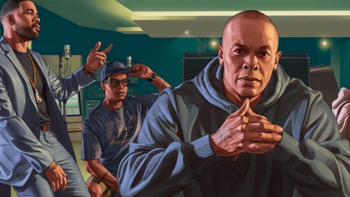 GTA Online The Contract DLC. From left to right, Franklin, Lamar and Dr. Dre