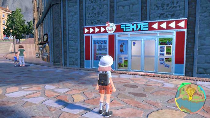 A trainer stood outside a store in Pokemon Scarlet and Violet.