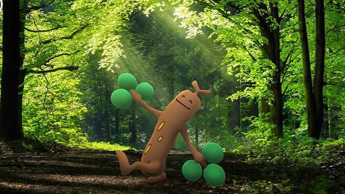 Sudowoodo walks happily through a dappled forest.