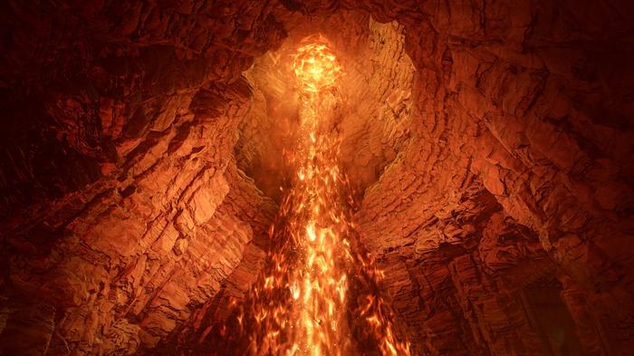 Image from Tales of Arise showing the inside of a volcano, with lava shooting upward.