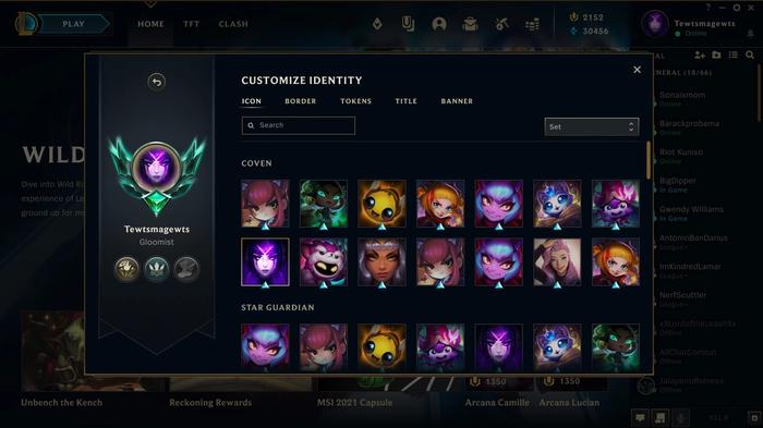 Image of the player customisation menu with accolades in League of Legends.