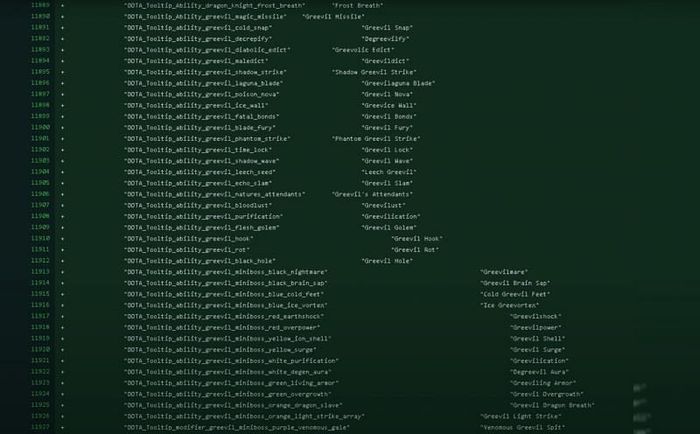The image shows a list of in-game files for greevils in DOTA 2.