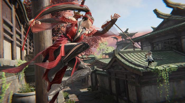 Viper Ning Jumps into the air, throwing a grapple hook at a distant enemy.