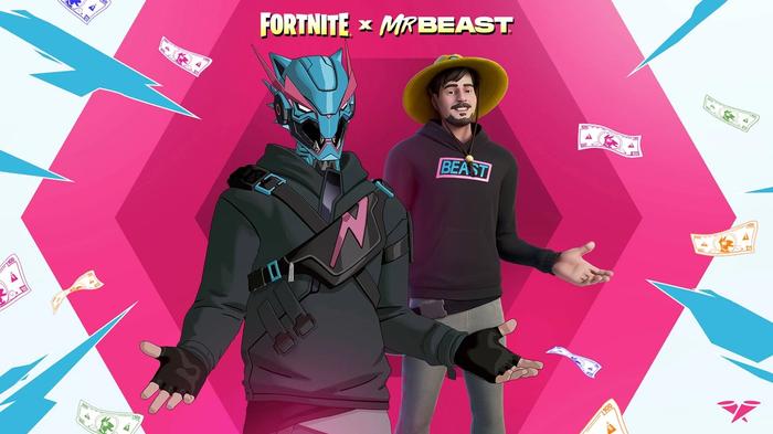 The two Mr Beast skins stood together in Fortnite