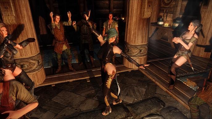 An image of some dancing in Skyrim.
