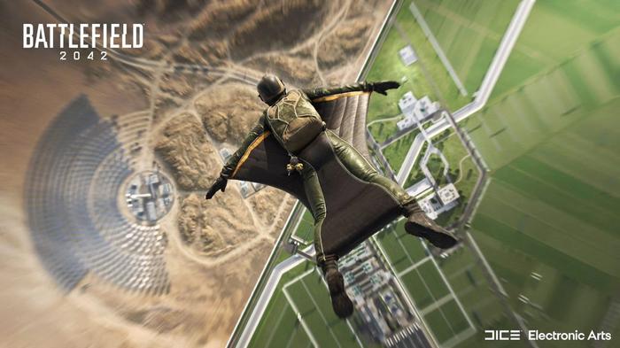 A Battlefield 2042 operator drops from the sky using a wingsuit.