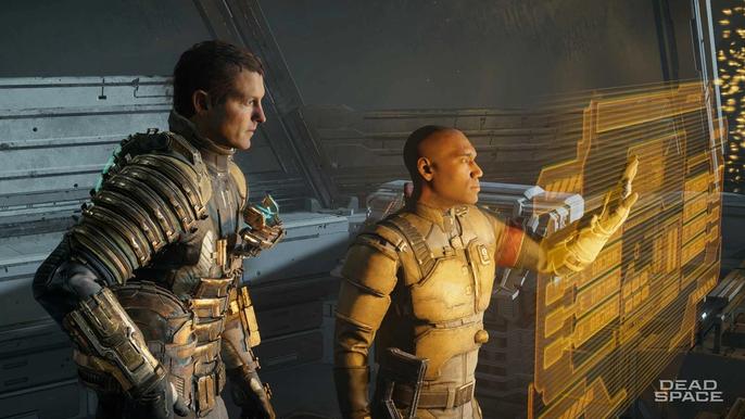 Isaac Clarke and Hammond examining a ship in the Dead Space remake.
