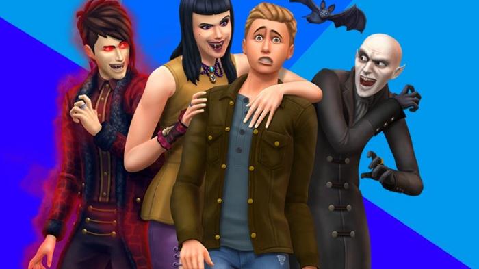 The Sims 4 Vampires Expansion Pack Art. 3 Vampire Sims are surrounding their terrified victim in the center of the screen.