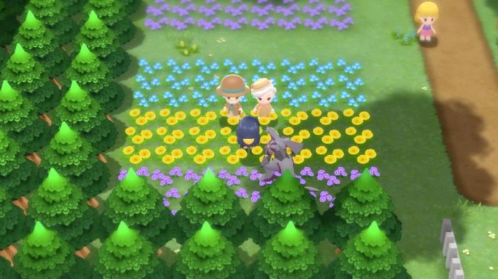 A Pokémon Trainer walking with their Palkia in Floarama Town facing an elderly couple in Pokémon Brilliant Diamond and Shining Pearl.
