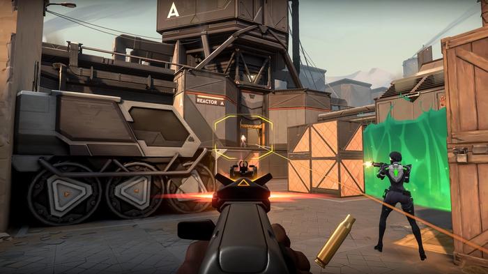 A player, standing beside Agent Viper, uses a guardian to aim down sights at an opponent on the Bind map in Valorant.
