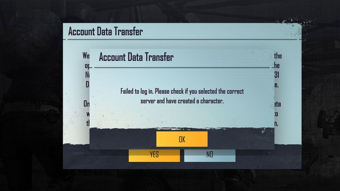 The in-game Battlegrounds Mobile India account transfer page showing an error.
