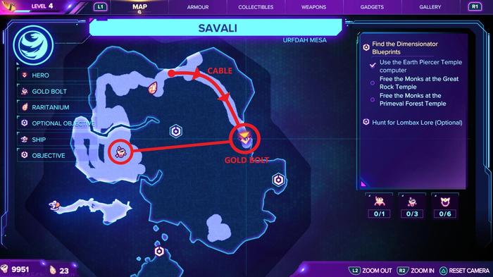The map shows the location of Gold Bolt 10 in Ratchet and Clank Rift Apart.