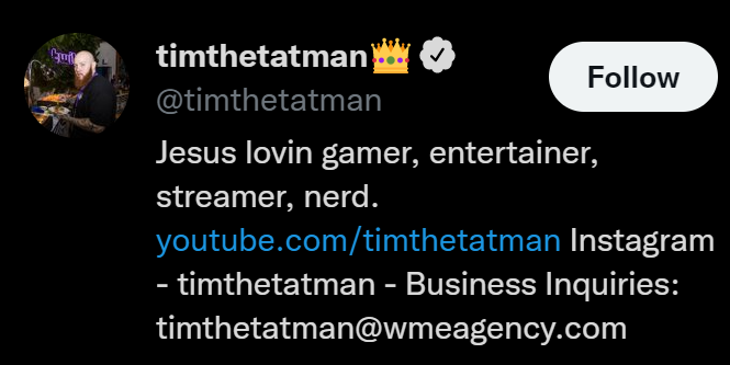 TimTheTatman's Twitter shows that he removed Twitch and added YouTube Gaming to his bio.