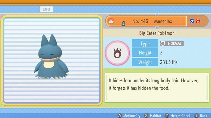 Munchlax's entry in the National Pokédex in Pokémon Brilliant Diamond and Shining Pearl.