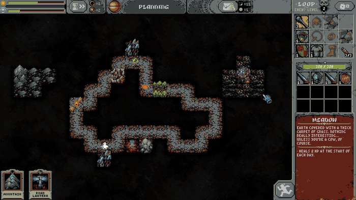 A screenshot of Loop Hero showing tiles being place adjacent to a treasury tile to earn resources