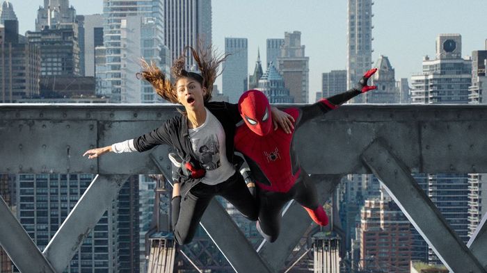 MJ and Spider-Man jump off a bridge.