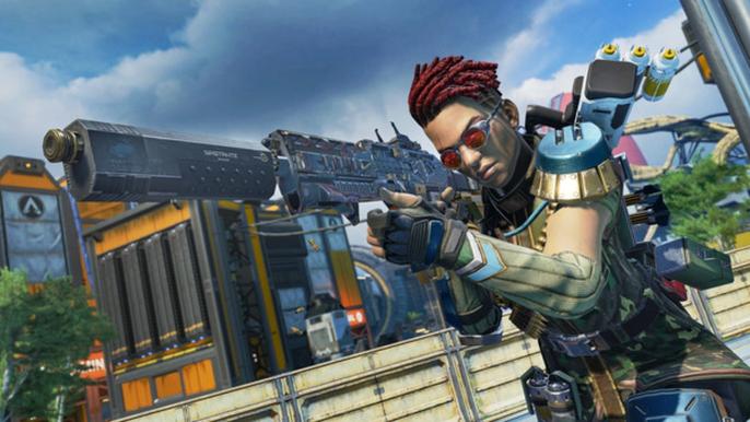 Apex Legends Bangalore holding a gun aiming down the sights in Radical Action Legendary Season 8 Bangalore Skin