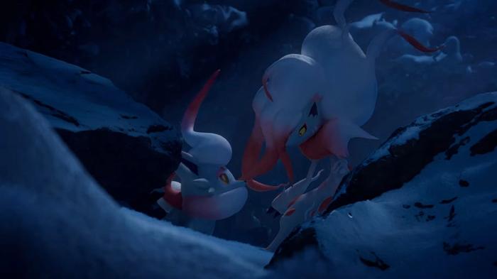 Hisuian Zorua and Zoroark look at each other in a dark, snowy, forest.