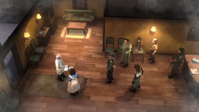 A Gerda: A Flame In Winter screenshot showing various characters standing in the doctor's office.