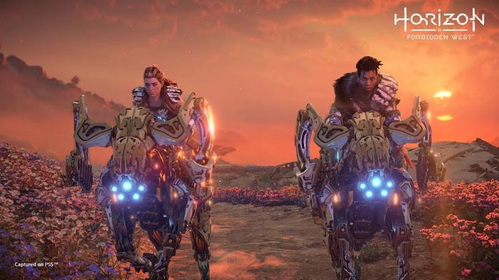 Horizon Forbidden West Aloy and Varl riding Charger Machines side by side