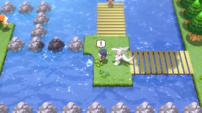 A Pokémon Trainer with their Palkia has an exclamation bubble above their heads indicating they've hooked a fish along Route 218 situated next to Jubilife City in Pokémon Brilliant Diamond and Shining Pearl.