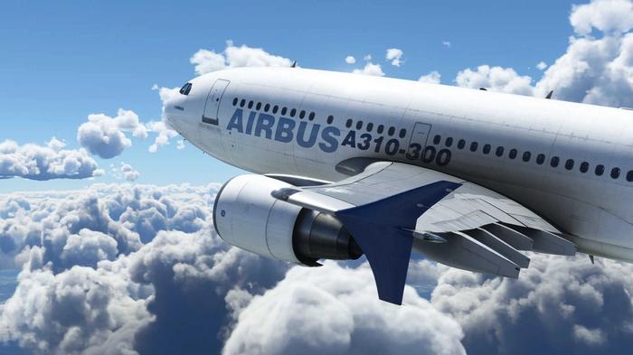 An Airbus plane in the sky in Microsoft Flight Simulator.