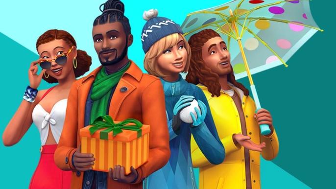 Sims 4 Seasons Expansion Main Art. The image shows 4 Sims dressed in seasonal gear. From left to right, summer, Fall, Winter and Spring. 