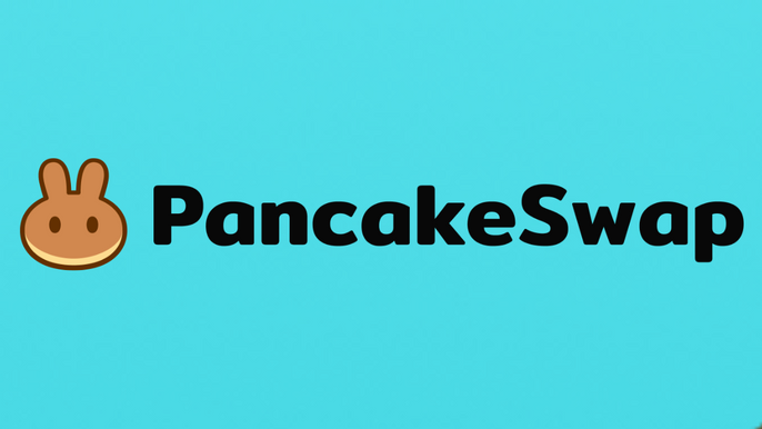 PancakeSwap logo on a blue background.
