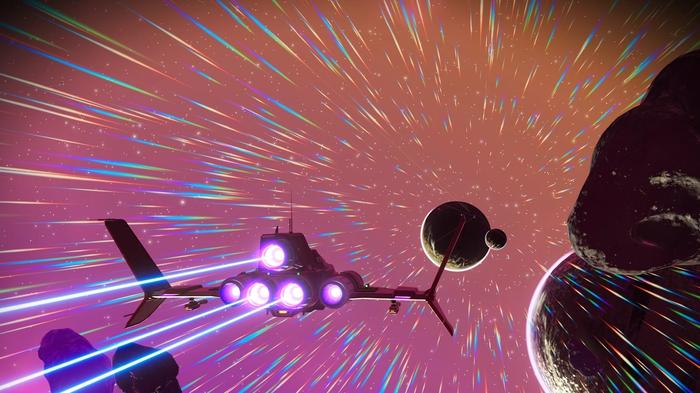 A Starship using the Pulse Engine to travel quickly across an interstellar system in No Man's Sky.