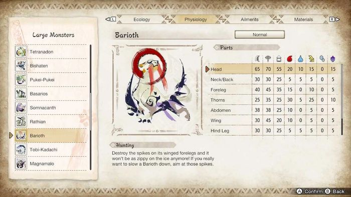 The Hunters Notes menu in Monster Hunter Rise showing a Barioth and its weaknesses