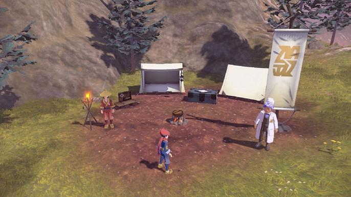 A player is at the Base Camp in Obsidian Fieldlands, with an NPC and Professor Laventon, in Pokémon Legends: Arceus.